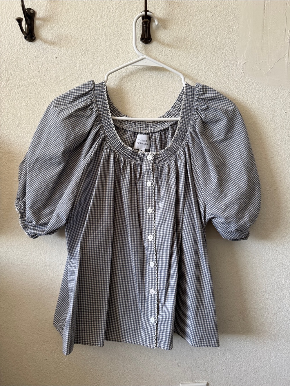 Things Between Blue and White Gingham Puff Sleeve Button-Front Top